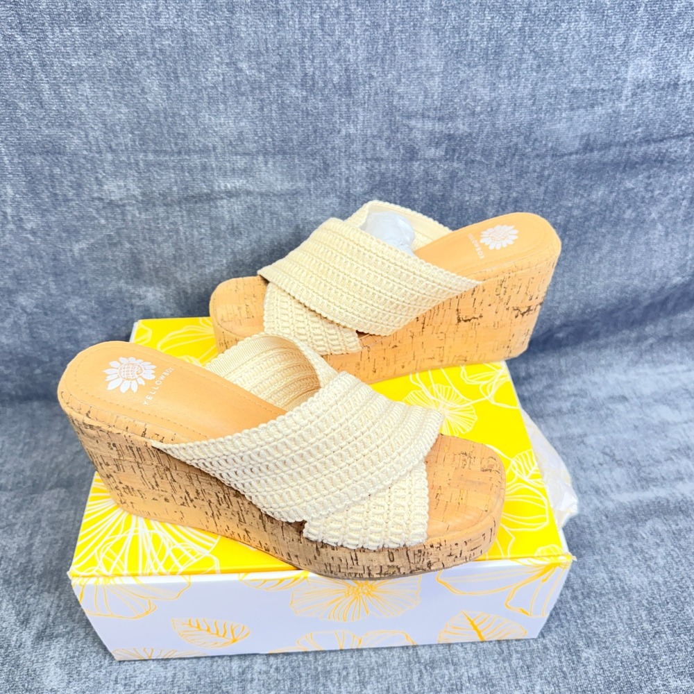 Yellow Box Halva Sandals Womens 7 Natural Woven Cork High Wedge Platform Slide